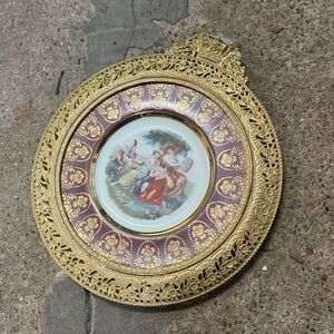 Antique European Pictorial Porcelain Plate With Golden Frame Wall Hanging